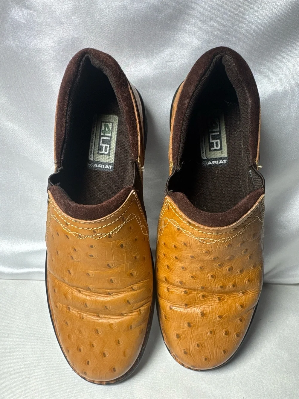 Ariat Women’s 7B Brown Ostrich Embossed Leather Slip On Clogs Loafers